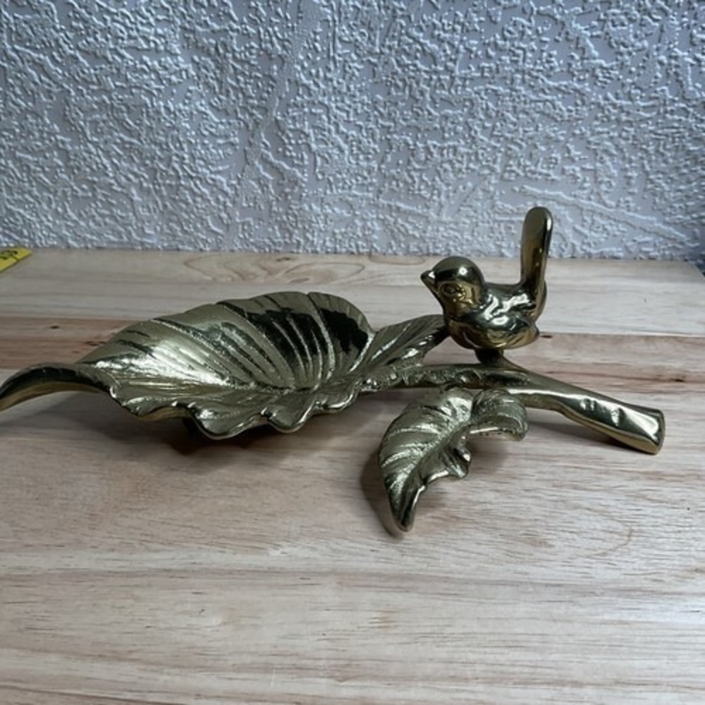 VTG Handmade Gold Brass Trinket Dish Jewelry Holder Leaf Small Bird Water‎ Bowl